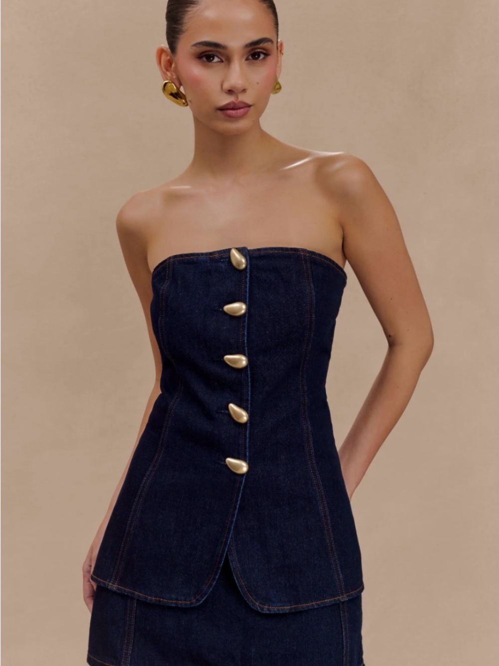 Meshki Lennox Strapless Long Line Button Top - Indigo Blue. Size: S